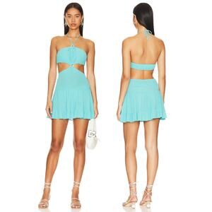 Lovers and Friends Oasis Bound Mini Dress Halter Neck Cut Out Ruffle Blue Size M